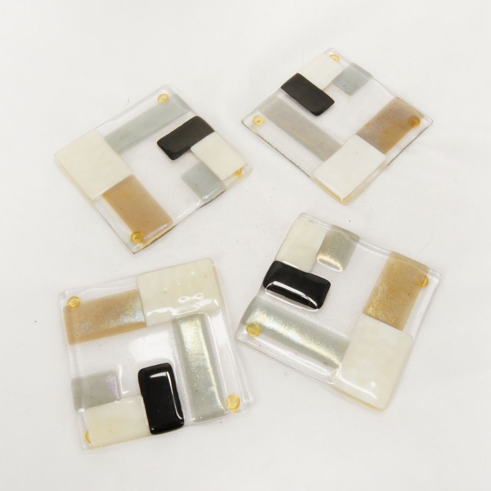 Vintage Handmade Geometric Shapes Rainbow Sheen Art Glass Coasters Set